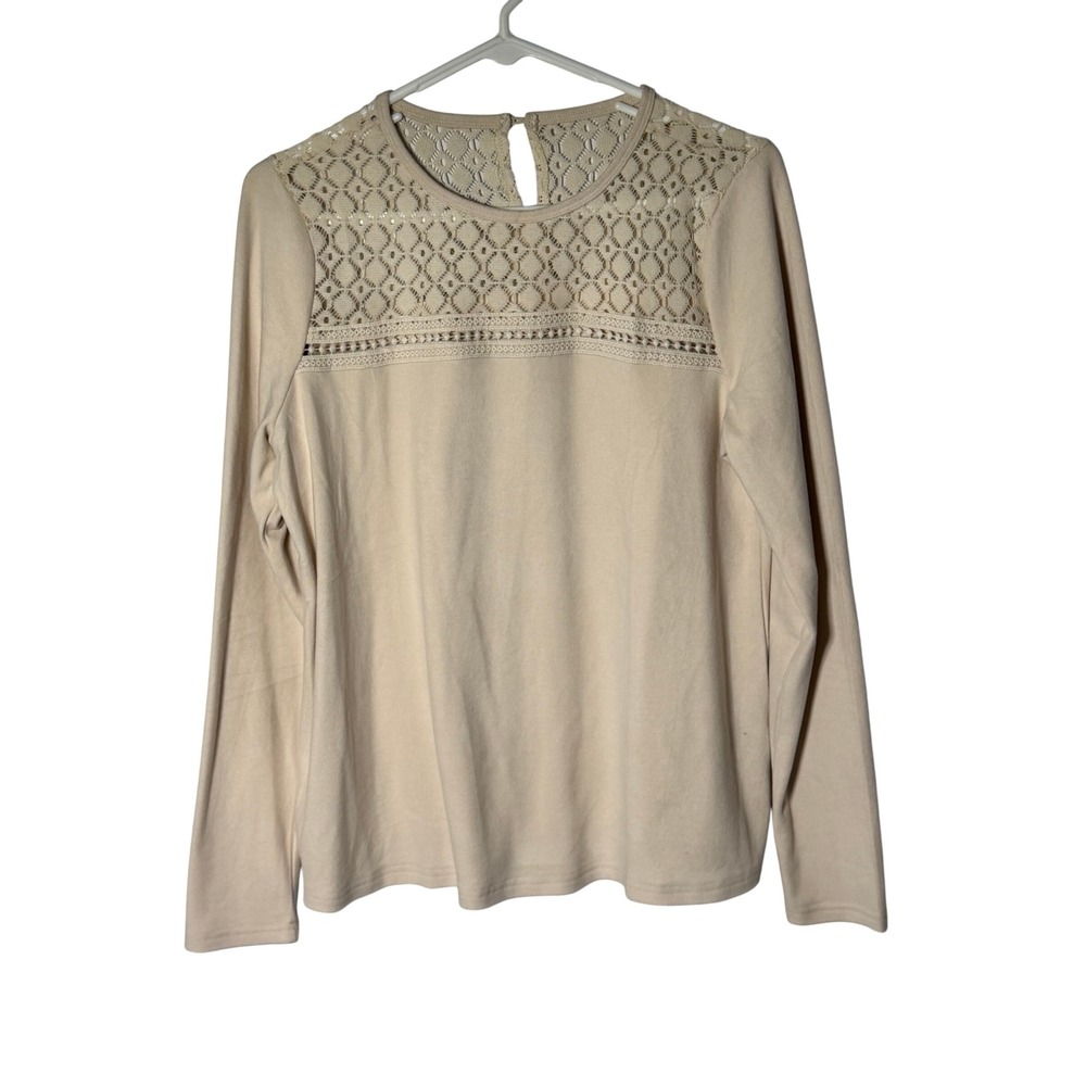 Womens BTFBM Beige Crochet Lace Yoke Long Sleeve Top Keyhole Back Medium 7634